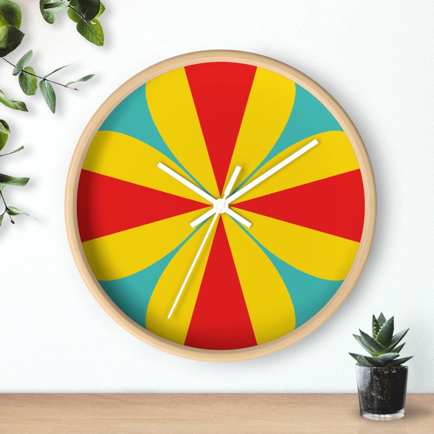 Retro Pinwheel Wall Clock — Bright Red, Yellow & Teal Modern Decor
