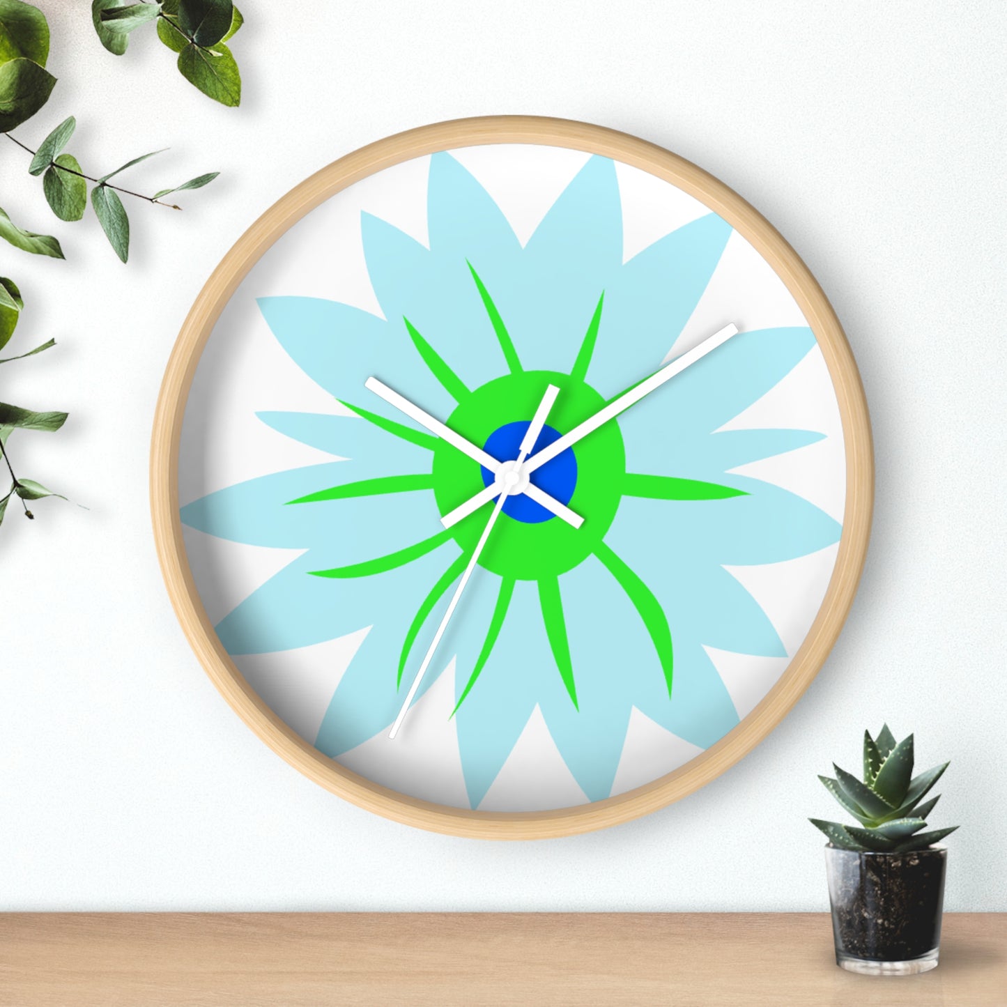 Floral Burst Wall Clock — Blue & Green Modern Flower Design