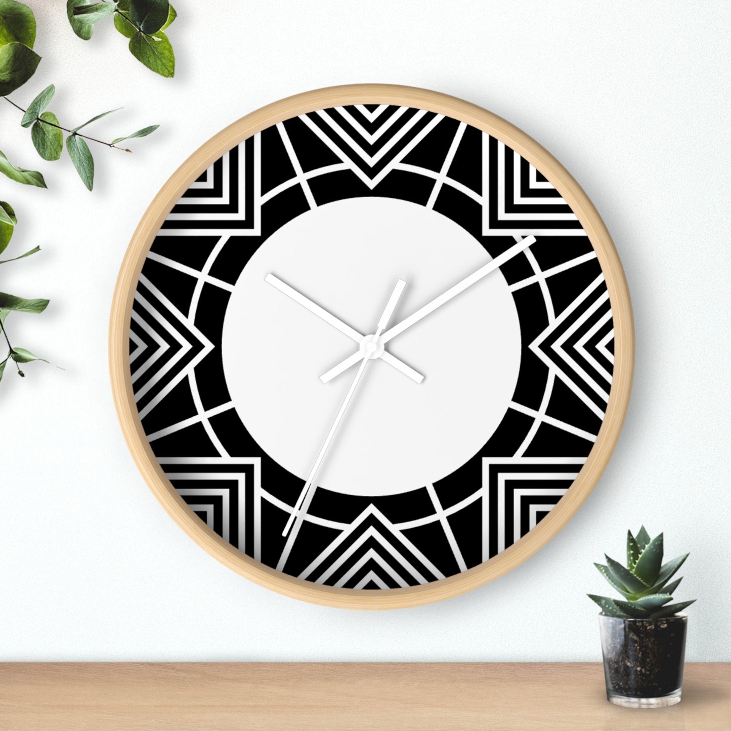 Geometric Black & White Wall Clock — Modern Art Deco Starburst Design