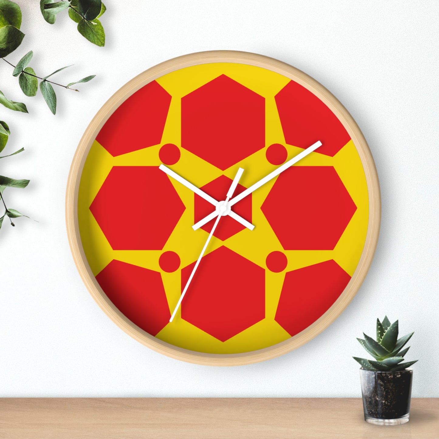 Geometric Honeycomb Wall Clock — Bold Red & Yellow Modern Decor