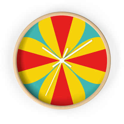 Retro Pinwheel Wall Clock — Bright Red, Yellow & Teal Modern Decor