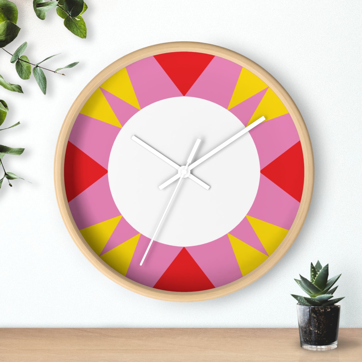 Colorburst Geometric Wall Clock — Bright Pink, Red & Yellow Sunburst Design