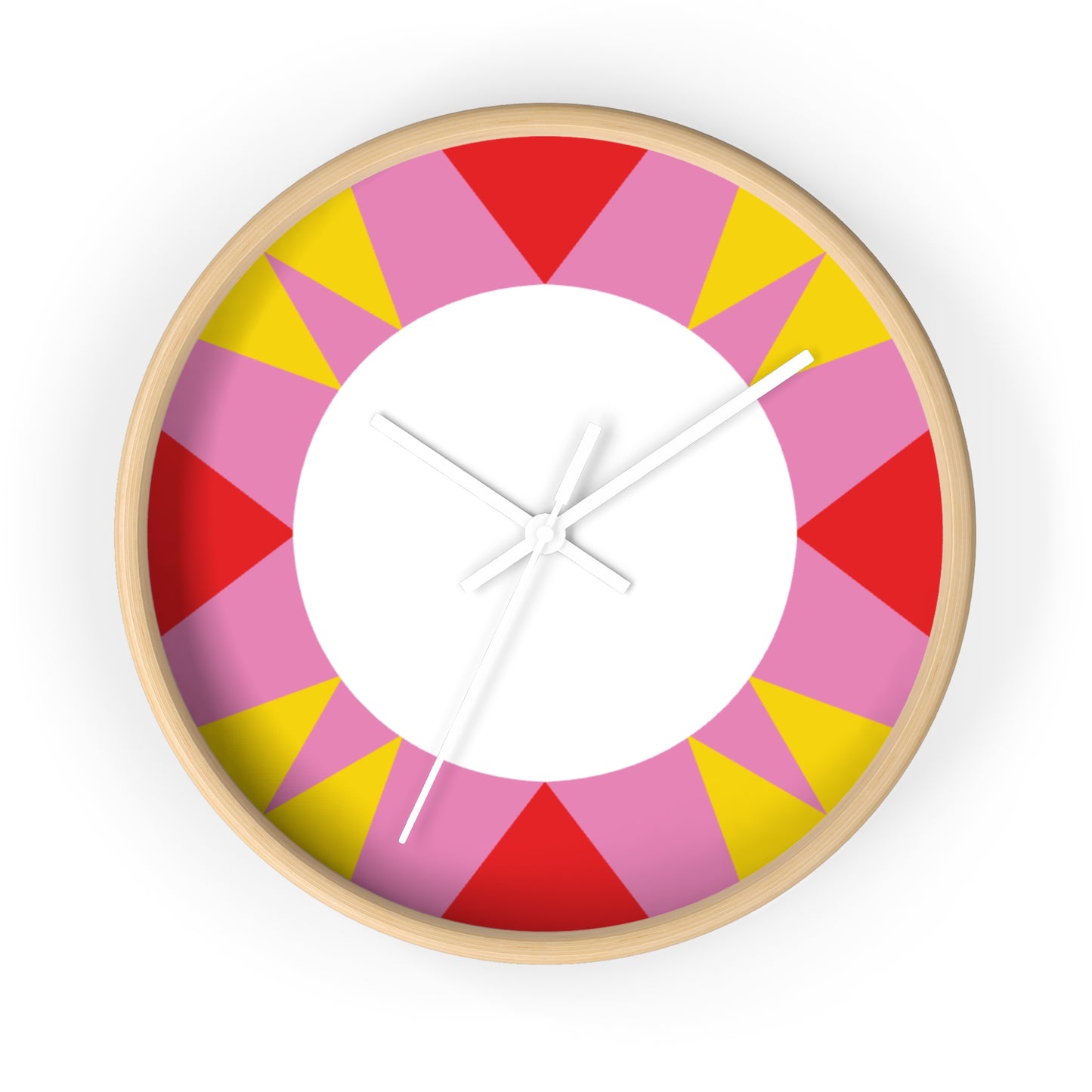 Colorburst Geometric Wall Clock — Bright Pink, Red & Yellow Sunburst Design