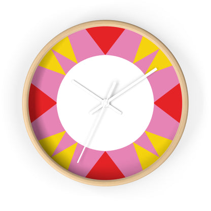 Colorburst Geometric Wall Clock — Bright Pink, Red & Yellow Sunburst Design