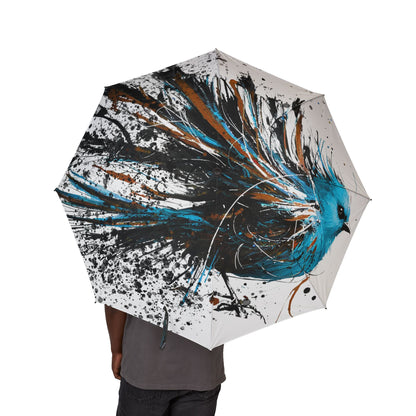 Foldable Umbrella - Blue Feathered Bird Splash Art, Semi-Automatic Travel Umbrella