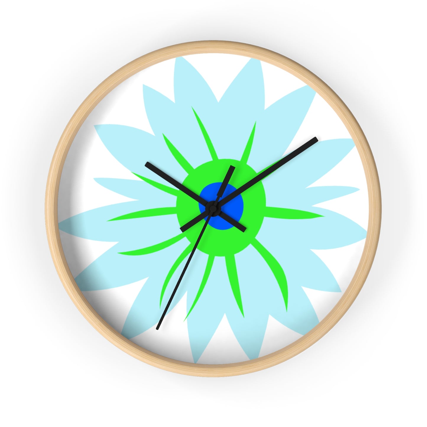 Floral Burst Wall Clock — Blue & Green Modern Flower Design