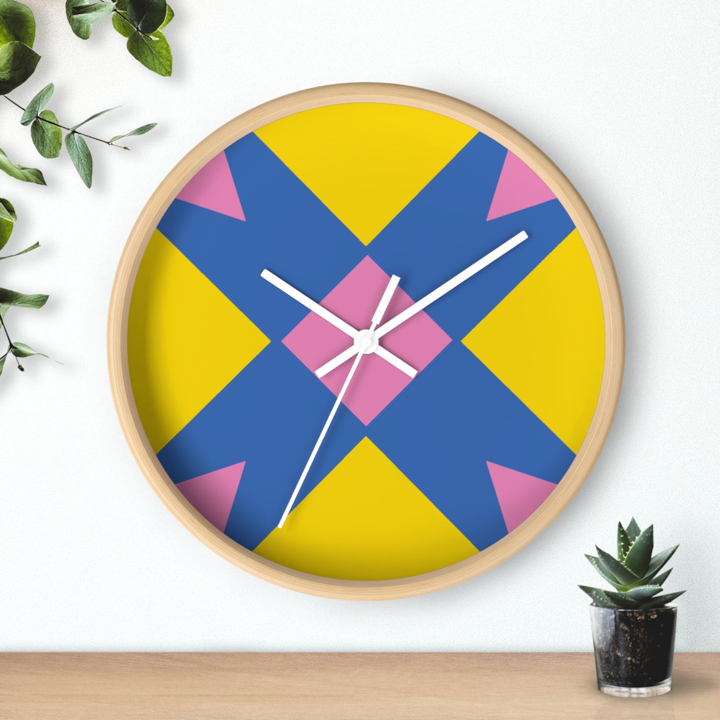 Geometric Pop Art Wall Clock — Bold Yellow, Blue & Pink Modern Decor
