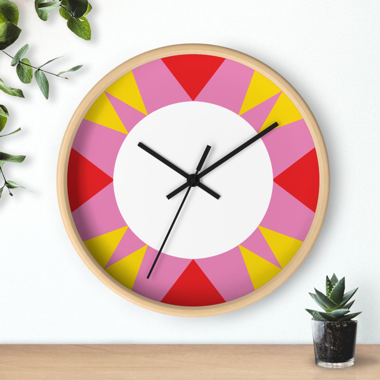 Colorburst Geometric Wall Clock — Bright Pink, Red & Yellow Sunburst Design