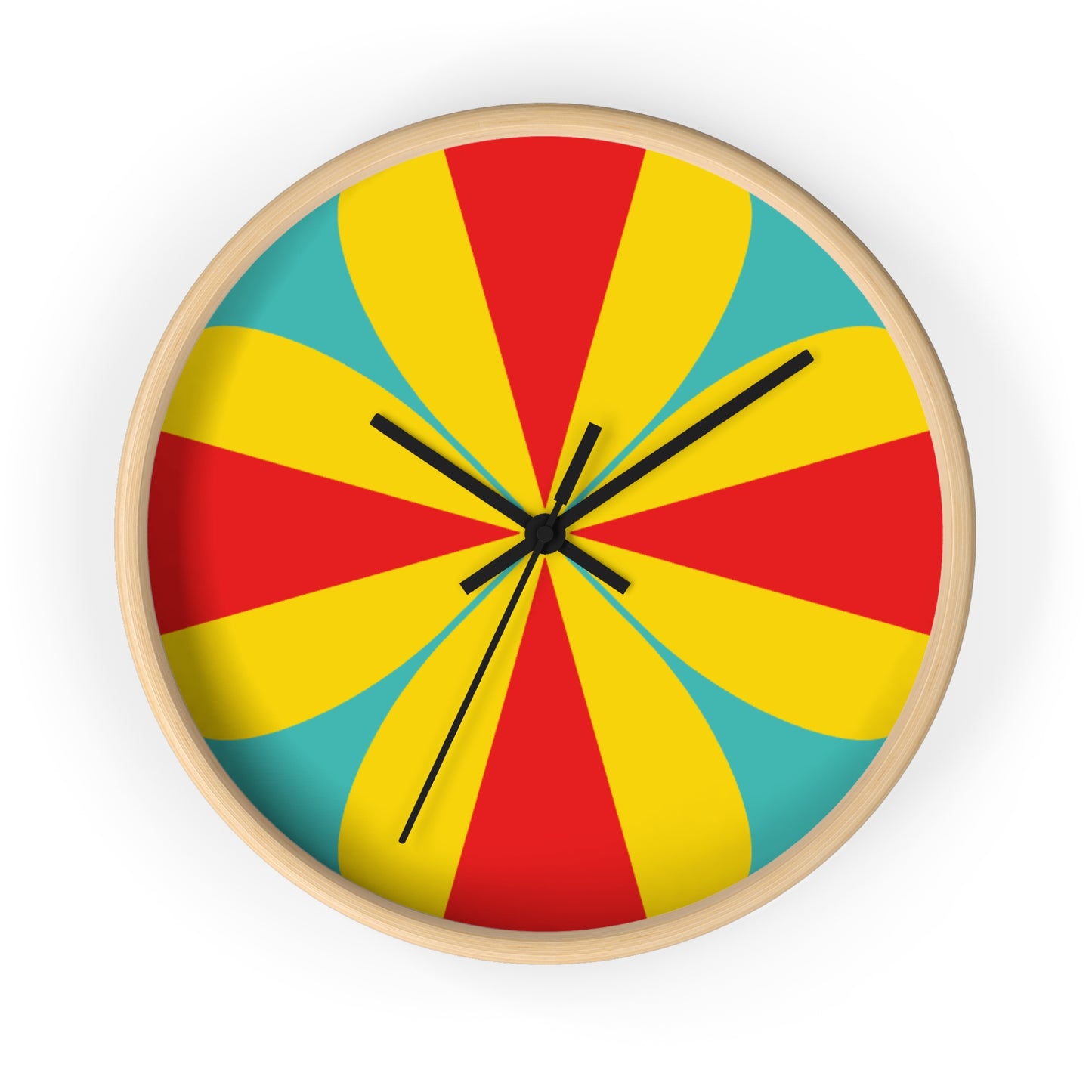 Retro Pinwheel Wall Clock — Bright Red, Yellow & Teal Modern Decor
