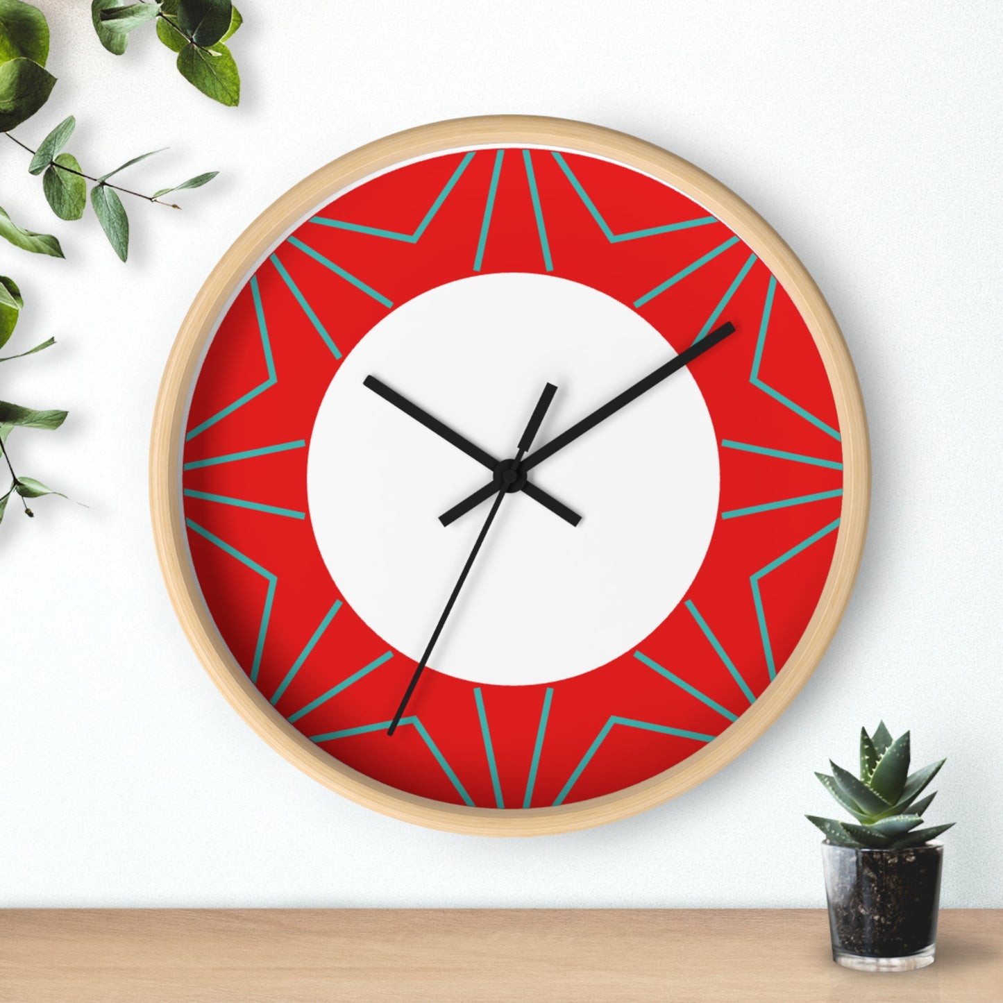 Geometric Red Starburst Wall Clock — Modern Decorative Home Clock