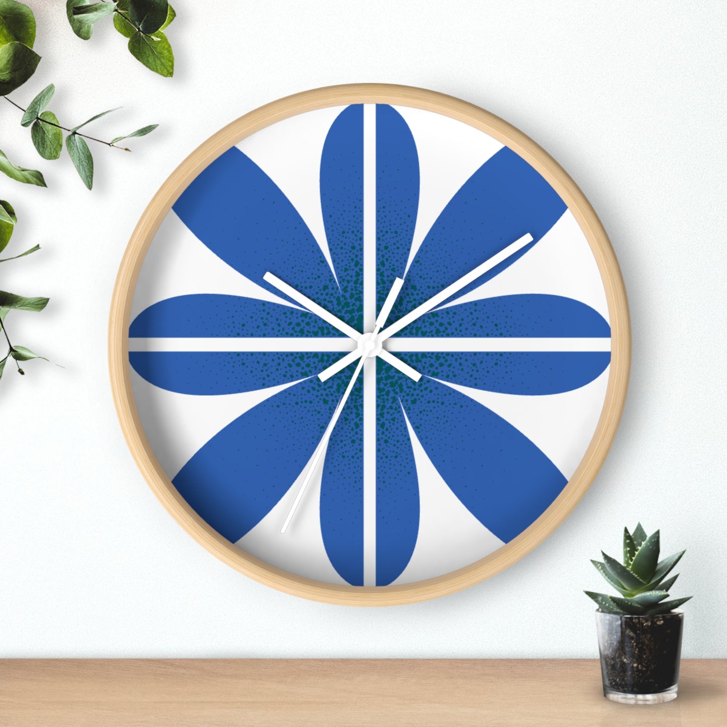 Blue Retro Flower Wall Clock — Mid-Century Modern Floral Home Decor