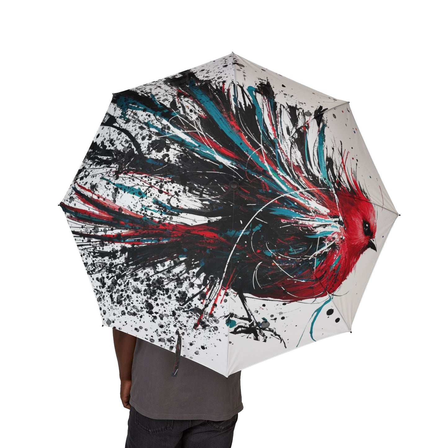 Foldable Umbrella — Red Splash Bird Art Pattern