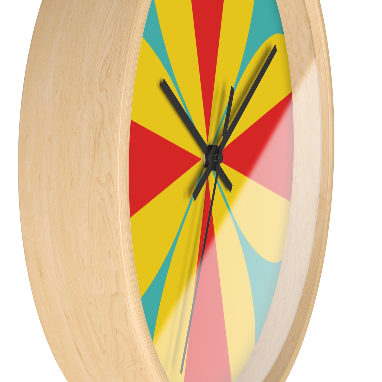 Retro Pinwheel Wall Clock — Bright Red, Yellow & Teal Modern Decor