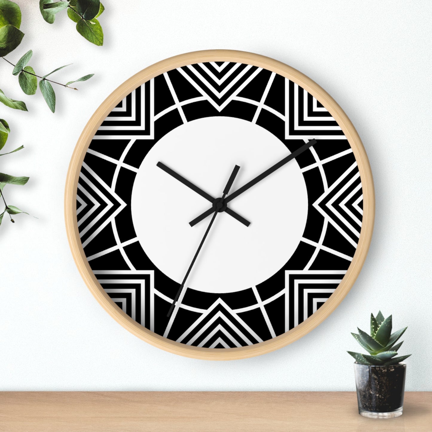 Geometric Black & White Wall Clock — Modern Art Deco Starburst Design