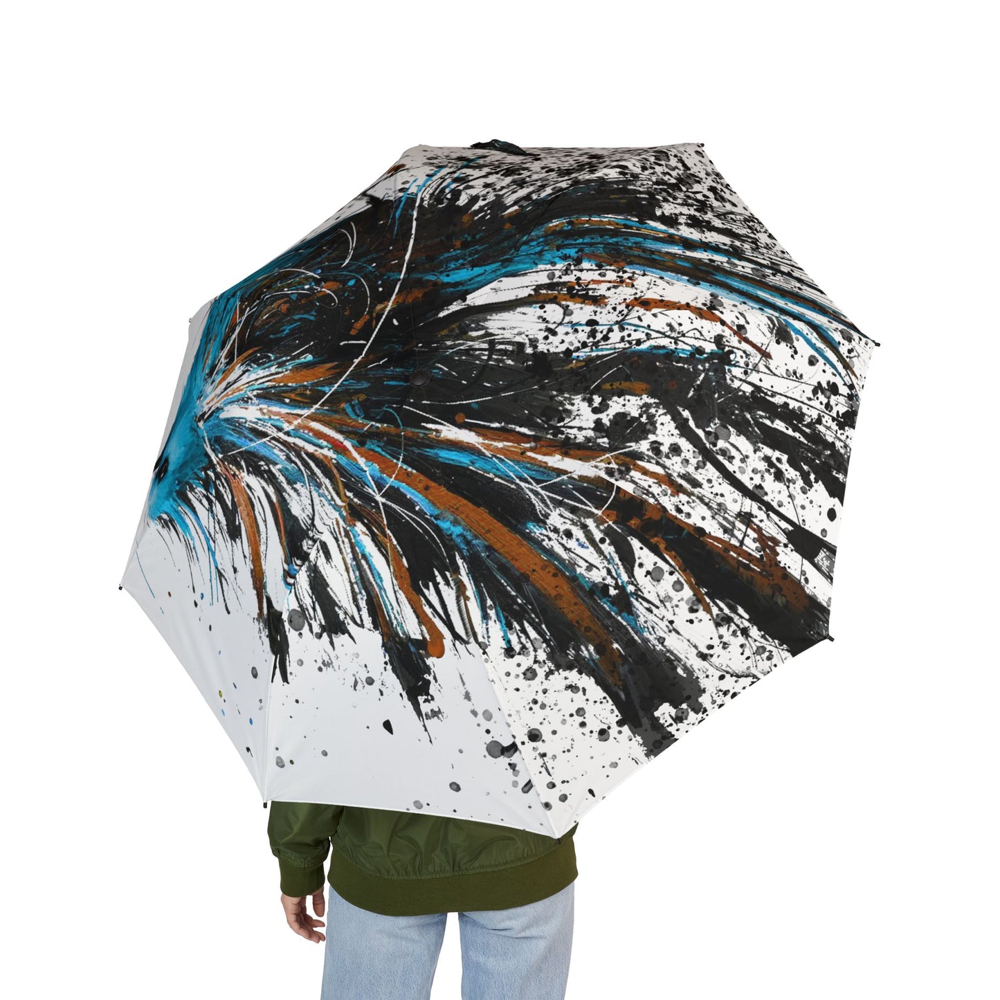 Foldable Umbrella - Blue Feathered Bird Splash Art, Semi-Automatic Travel Umbrella