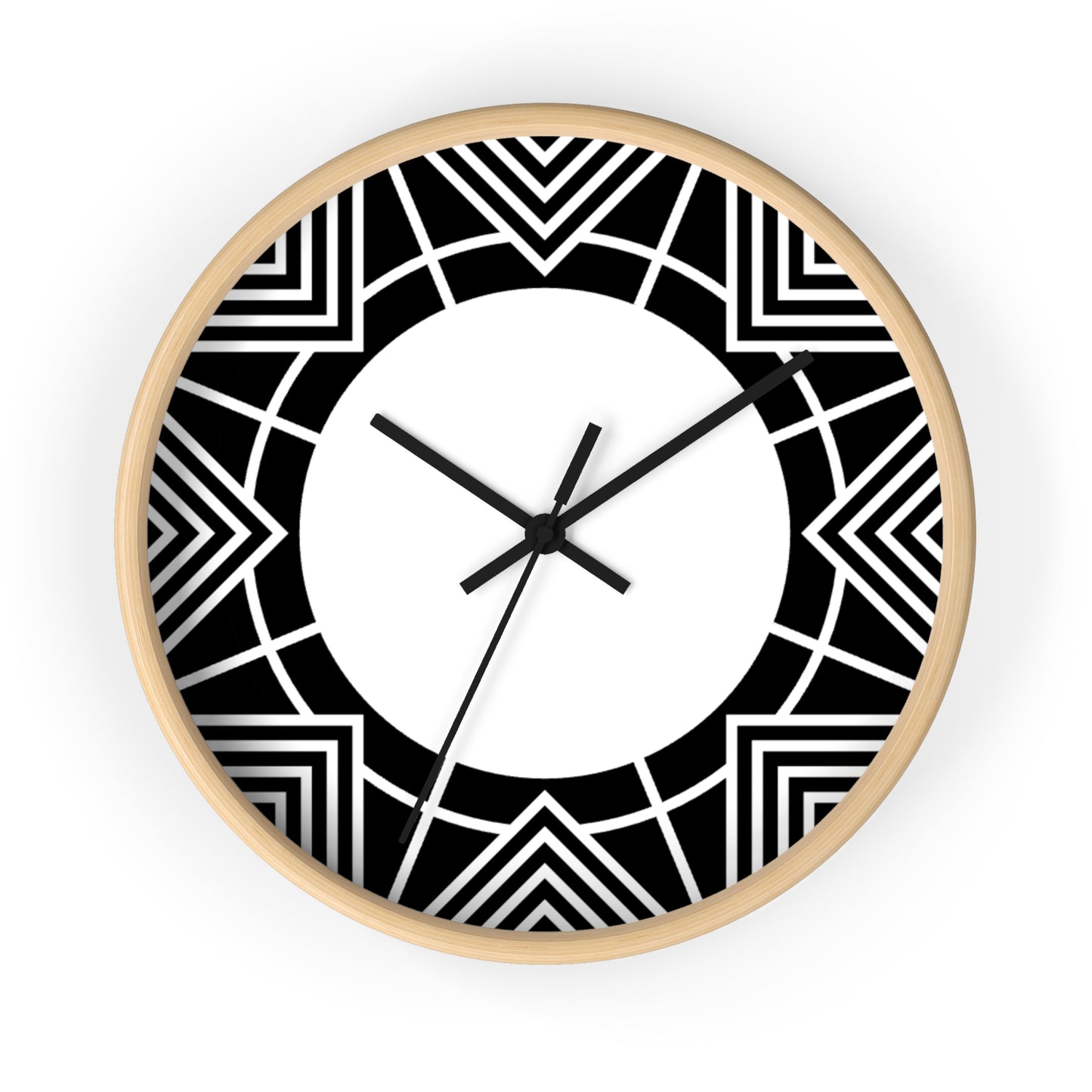 Geometric Black & White Wall Clock — Modern Art Deco Starburst Design