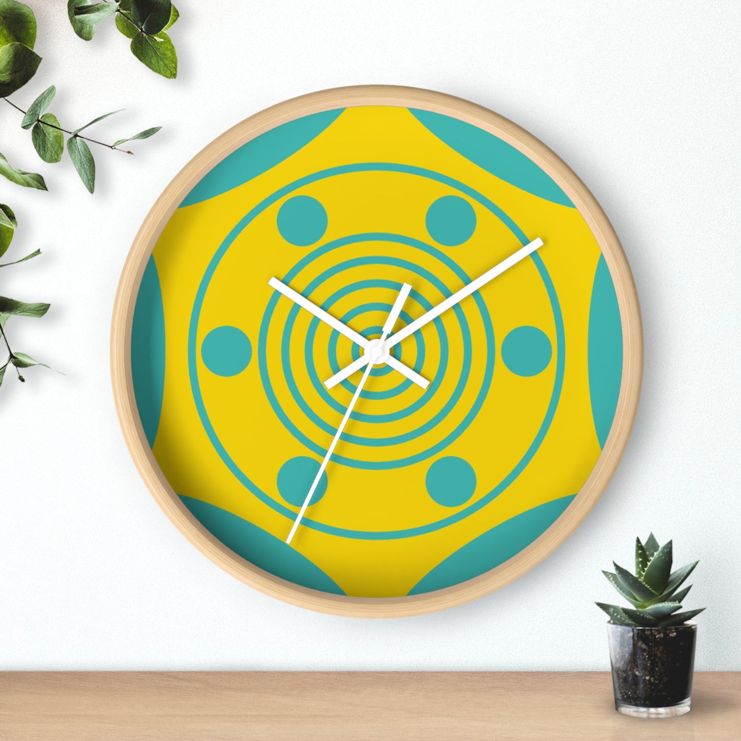 Retro Sunburst Wall Clock — Modern Geometric Yellow & Teal Home Decor