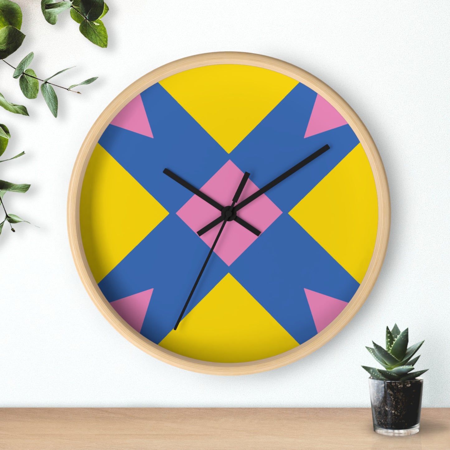 Geometric Pop Art Wall Clock — Bold Yellow, Blue & Pink Modern Decor