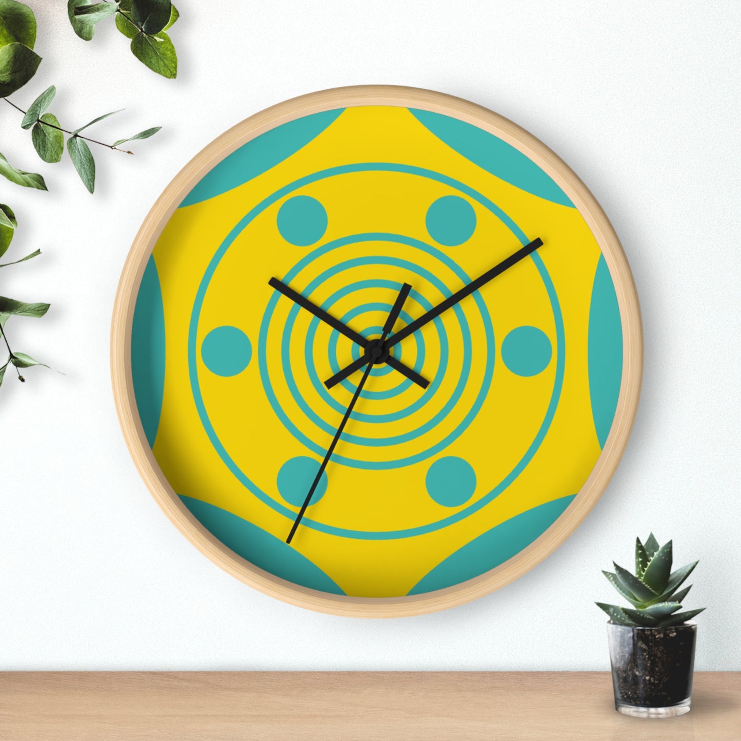Retro Sunburst Wall Clock — Modern Geometric Yellow & Teal Home Decor
