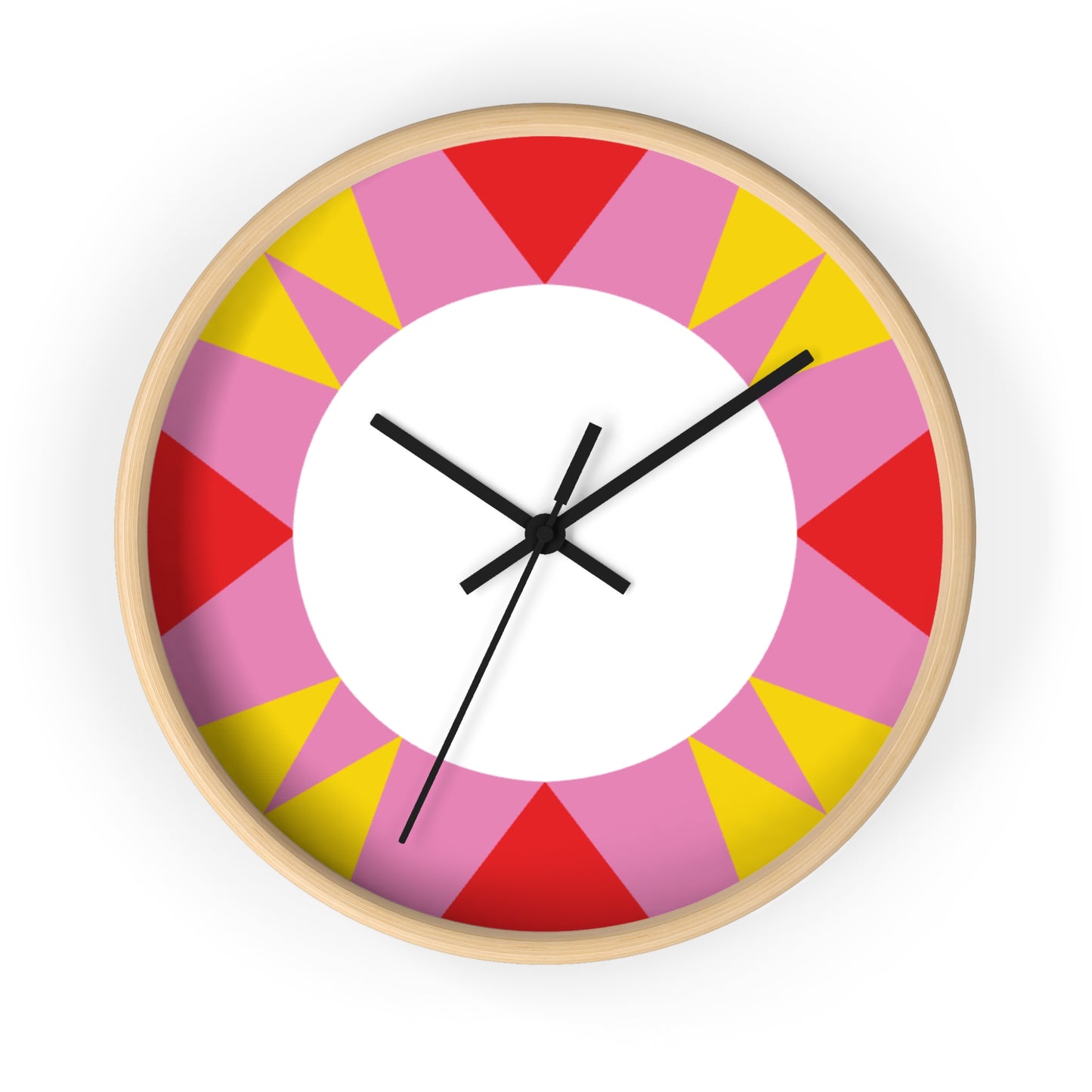 Colorburst Geometric Wall Clock — Bright Pink, Red & Yellow Sunburst Design